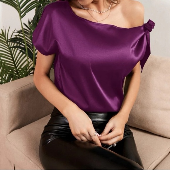 Boho off shoulder side knot satin blouse - Picture 4 of 16